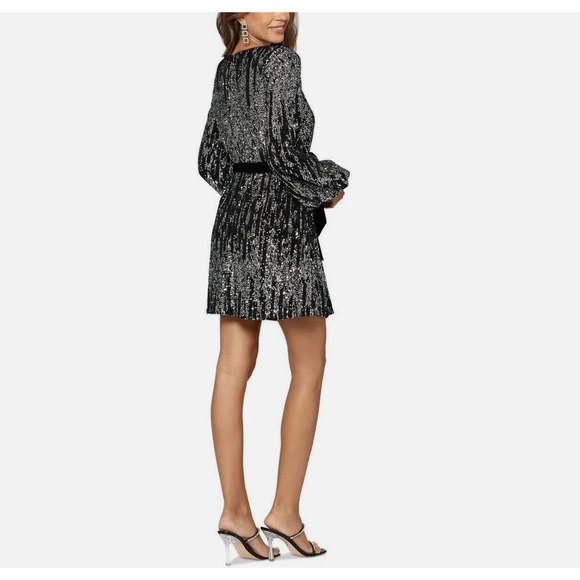 Betsy & AdamWomen's Long-Sleeve Tie-Waist Sequin Mini Dress size 2 - Picture 2 of 4
